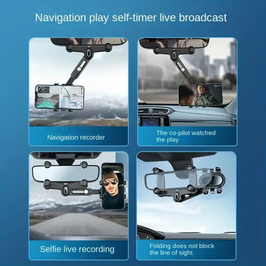 حامل هاتف يُثبّت على مرآة الرؤية الخلفية للسيارة بزاوية 360 درجة - متوافق مع الهواتف وأجهزة تحديد المواقع